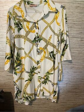 Women's White Button-Front Tunic with Yellow & Green Chain Print
